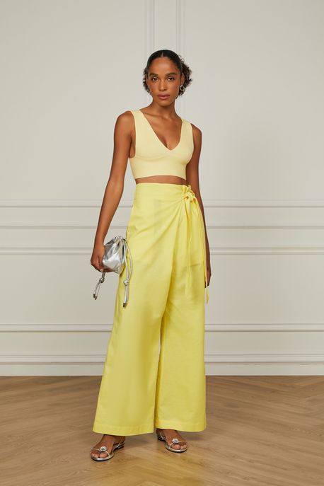 Top De Tricot Canelado Com Decote v Amarelo Amarelo Iris - G