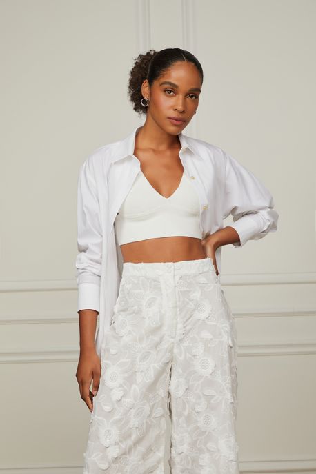 Top De Tricot Canelado Com Decote v Off-White - P