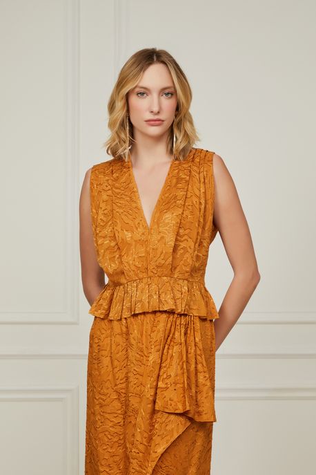 Blusa Jacquard Marrom Babado Marrom Mascavo - 42