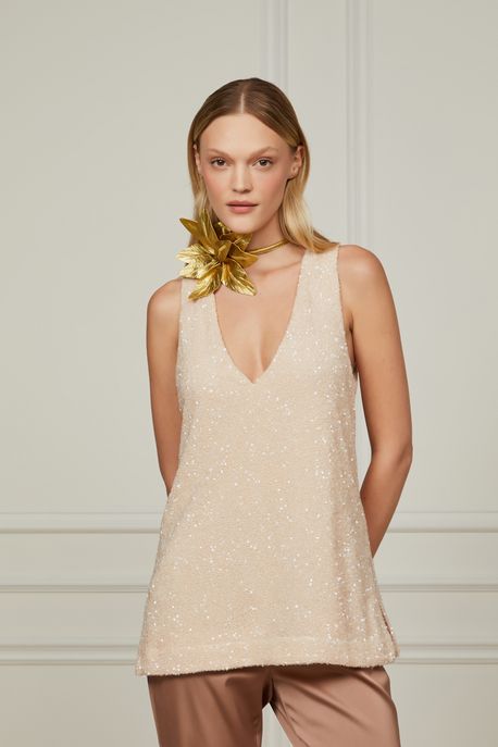 Regata De Paetê Com Decote v Rosa Pastel Rosa Pastel - P