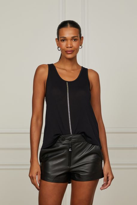 Regata De Malha Com Detalhe Hotfix Off White Preto - P