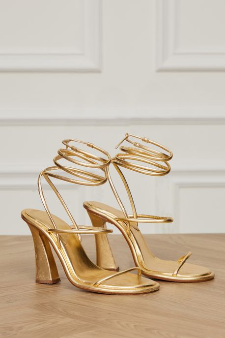 Sandália De Couro Metalizado Amarração d Dourado - 36