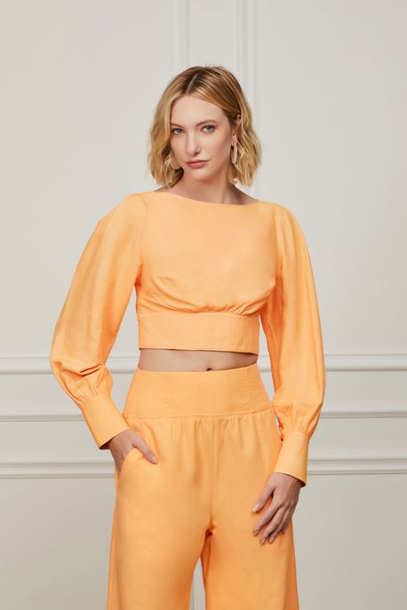 Blusa De Viscose Com Linho Laranja Cropped Pespontos Laranja Mock - 38