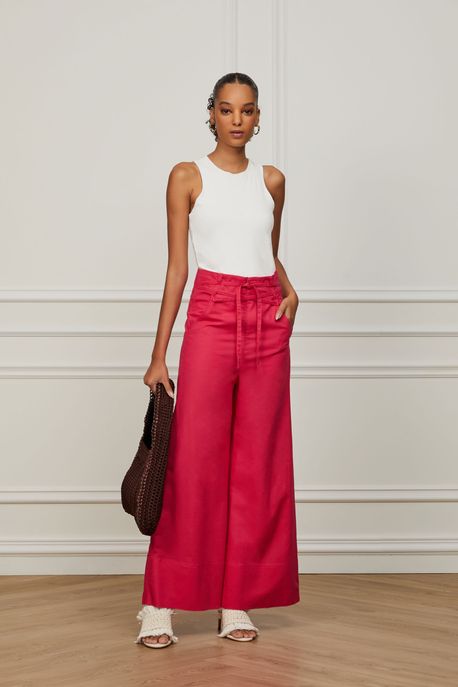 Calça De Algodão Com Linho Cintura Alta Rosa Jazz - 42