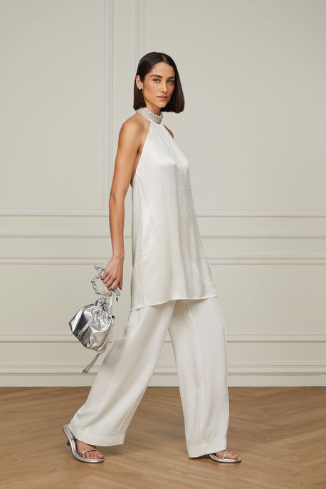 Vestido Curto Frente Única Branco Gola Bordada Pedraria Branco Cru - 36