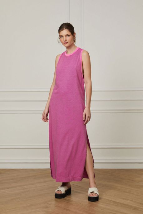 Vestido Regata De Malha Listrada Rosa Acido - GG