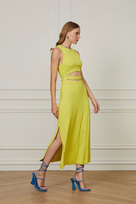 Vestido Midi Recorte Cintura Amarelo Aurora - P