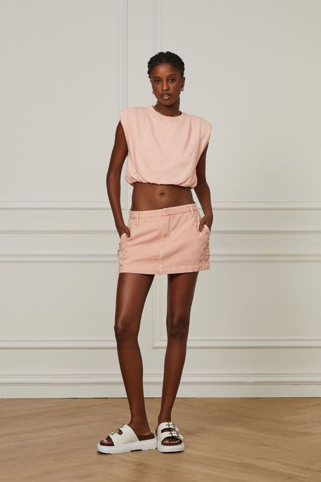 Saia Mini Sarja Box Bordados Pedrarias Rosa Pêssego - 36