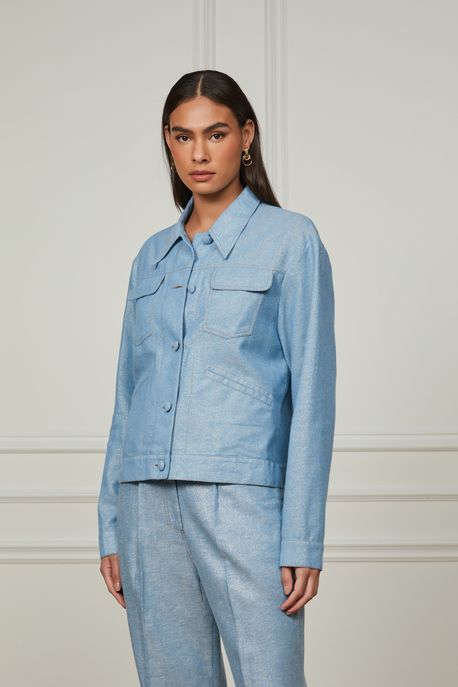 Jaqueta De Tecido Plano Com Bolsos e Botões Azul - 40