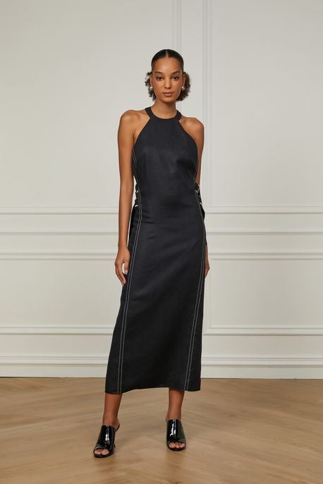 Vestido De Linho Midi Com Martingale Nas Laterais Preto - 36