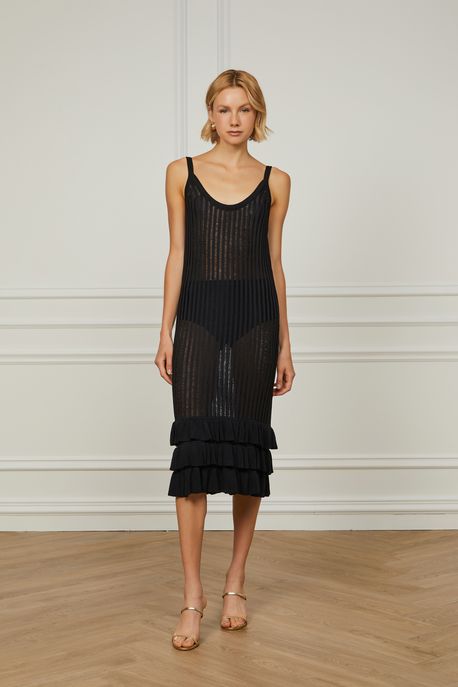 Vestido De Tricot Midi Com Ponto Desagulhado Preto Preto - G