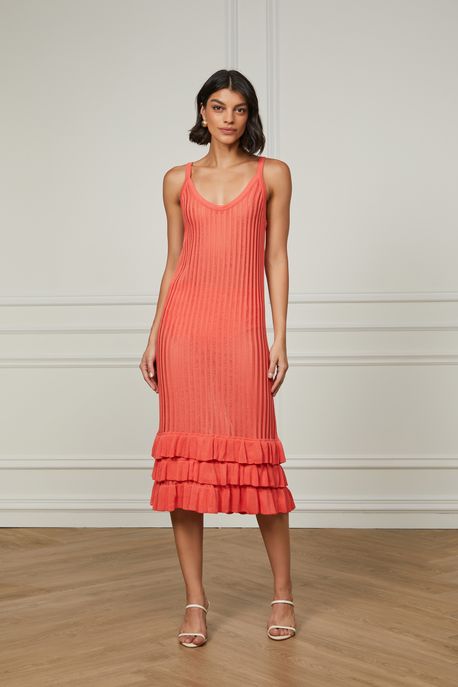 Vestido De Tricot Midi Com Ponto Desagulhado Coral Coral Queimado - G
