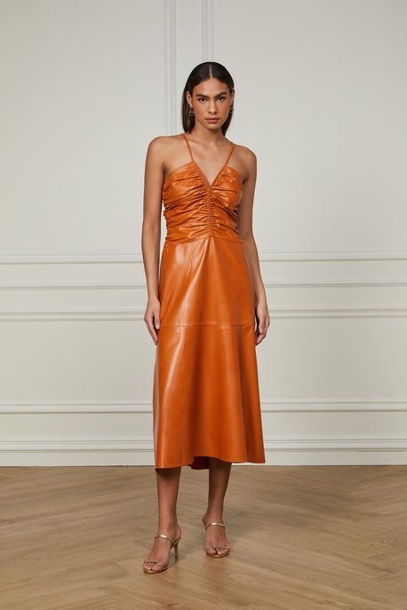 Vestido De Couro Midi Franzido Caramelo Golden - 34
