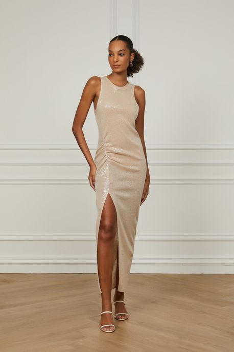 Vestido Midi Regata Paetê Nude - P