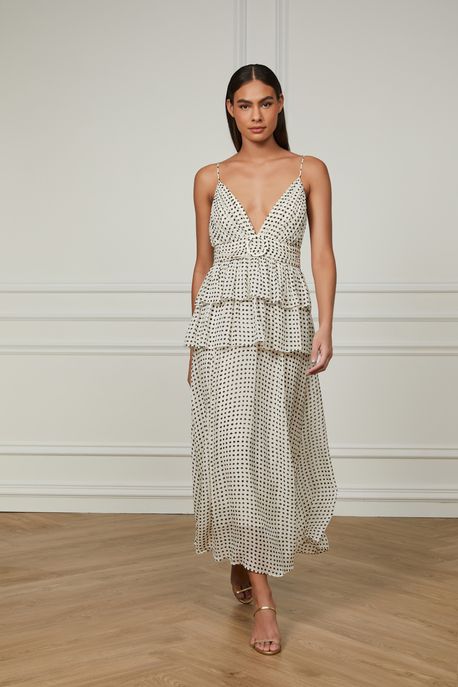 Vestido De Georgette Pesado Midi Camadas Estampado Pois Bolinhas Kirli e Preto p - 36