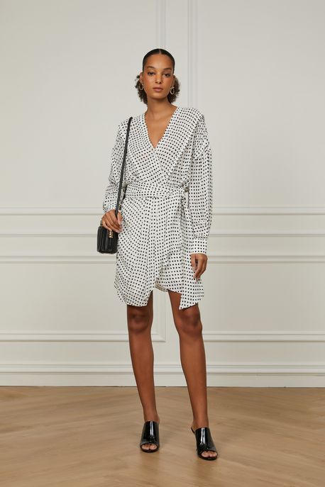 Vestido De Geogette Pesado Curto Transpasse Estampado Pois Bolinhas Kirli e Preto p - 42