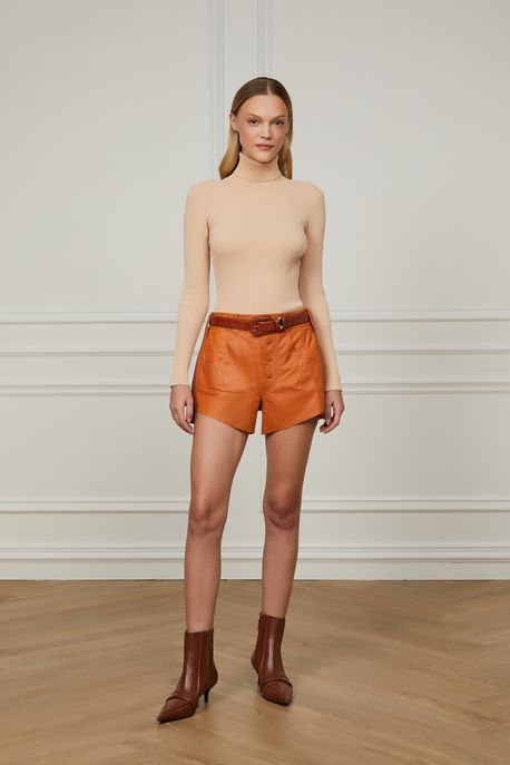 Short De Couro Curto Pespontado Caramelo Golden - 36