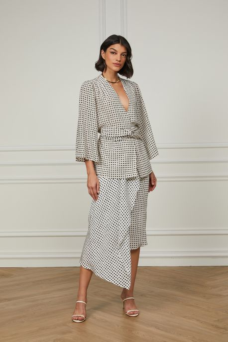 Saia De Seda Midi Com Sobreposição Est Pois Bolinhas Kirli e Preto p - 38