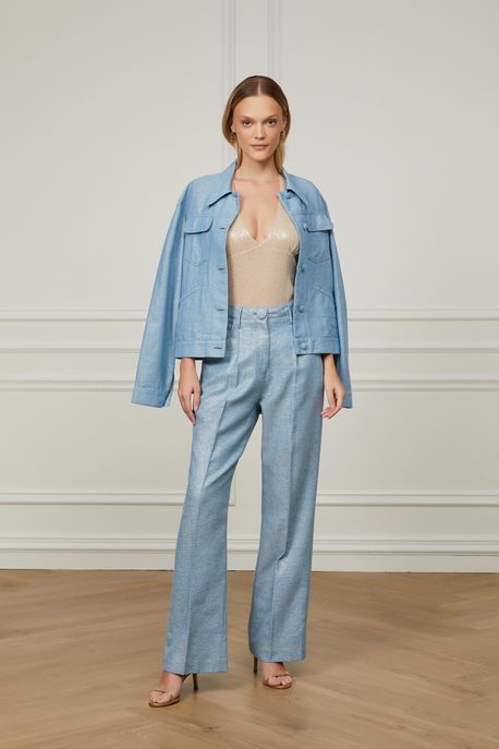 Calça Reta De Alfaiataria Pespontada Cintura Alta Azul - 38