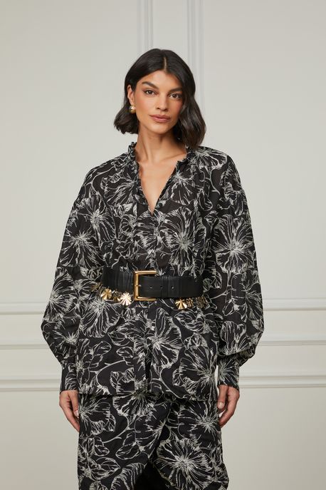 Camisa Manga Longa Bufante De Algodão Bordado Preto/Off - 44