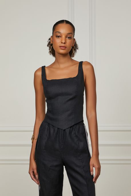 Corset De Linho Com Pesponto Contrastante Preto - 36