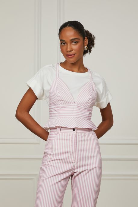 Top De Sarja Listrado Com Babado Rosa Buque - 44