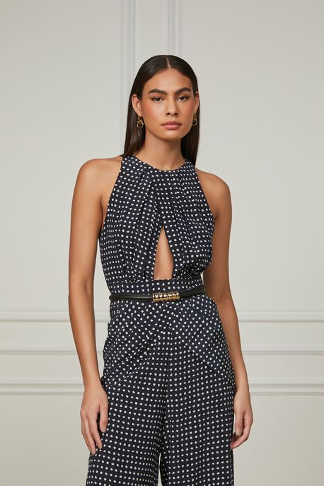 Top Cropped De Seda Sem Manga Com Transpasse Frontal Est Pois Bolinhas Preto e Kirli p - 44