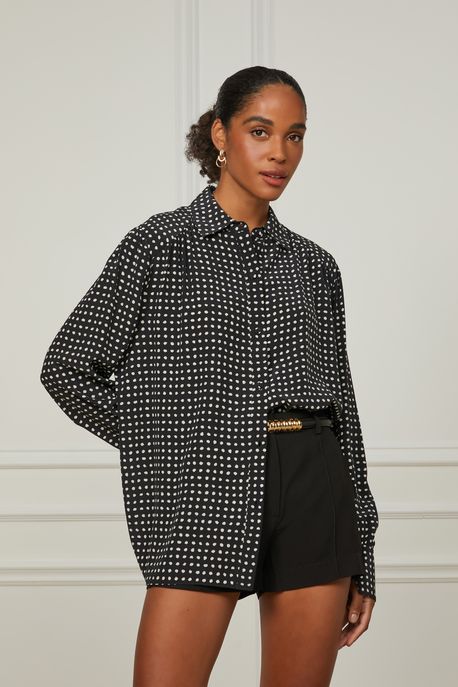 Camisa De Seda Estampada Est Pois Bolinhas Preto e Kirli p - 40