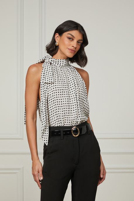 Blusa De Georgete Pesado Gola Amarração Estampada Pois Bolinhas Kirli e Preto p - 42