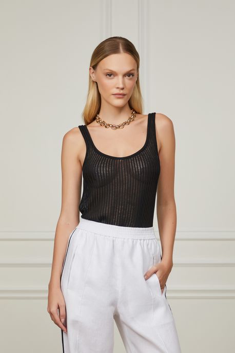 Regata De Tricot Com Decote u e Ponto Desagulhado Slim Preto - GG