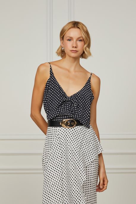 Blusa De Seda De Alça Estampada Laço Pois Bolinhas Preto e Kirli p - 44