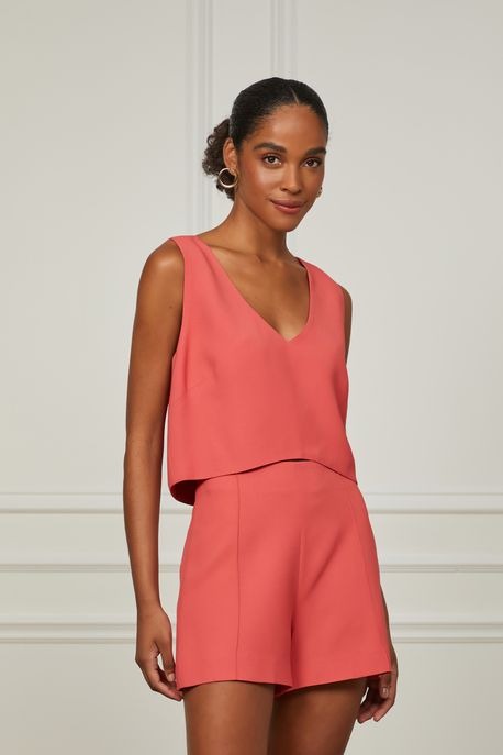 Regata De Crepe Cropped Com Barra Asimétrica Coral Queimado - 42