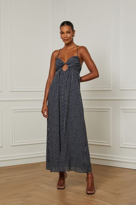 Vestido Longo Com Alça e Decote v Estampa Pois Est Pois Bolinhas Kirli e Preto p - 42