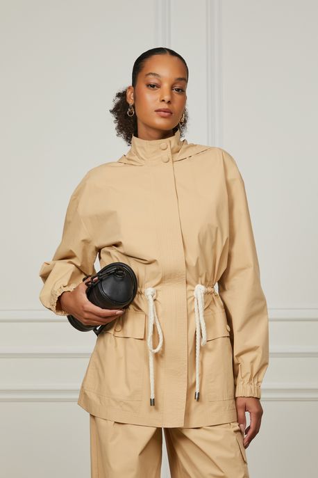 Jaqueta Parka De Algodão Com Capuz e Regulagem Na Cintura Bege Palha - 44