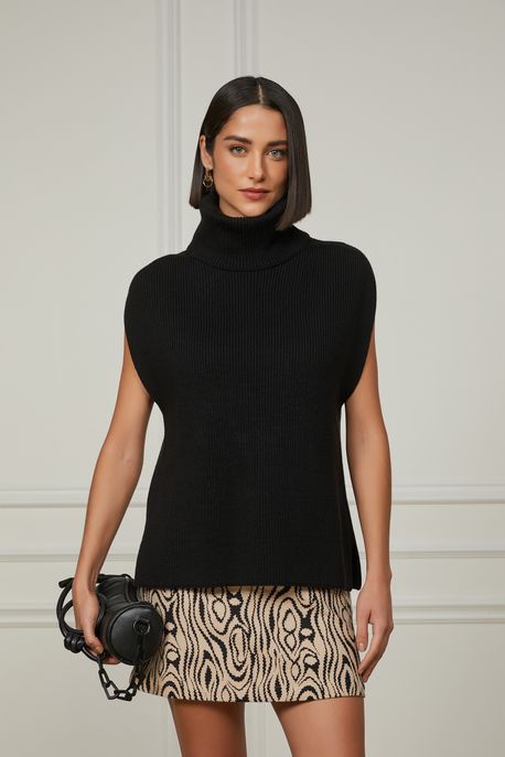 Colete De Tricot Oversized Com Gola Alta Preto Preto - M