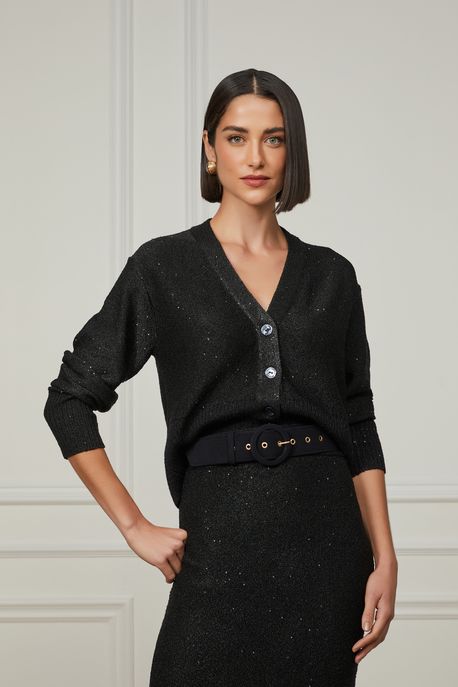 Cardigan De Tricot Com Paetê Fancy Preto Preto - M