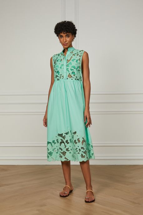 Vestido De Algodão Midi Verde Bordado Clássico Fresh Verde Netuno - 38