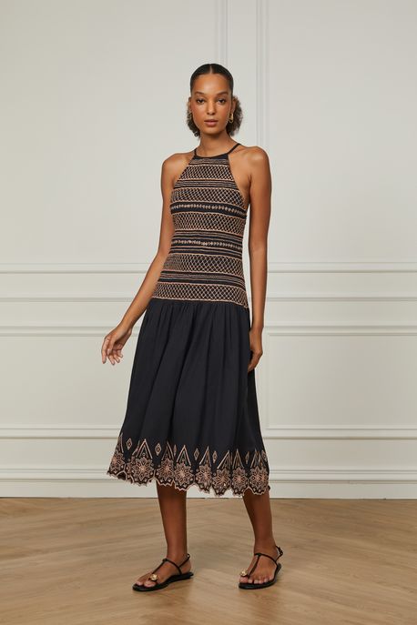 Vestido De Algodão Midi Preto Com Bordado Vintage Artesanal Preto - 36