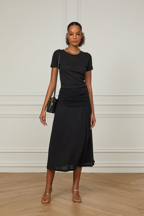 Vestido Midi Com Franzido Preto Preto - PP