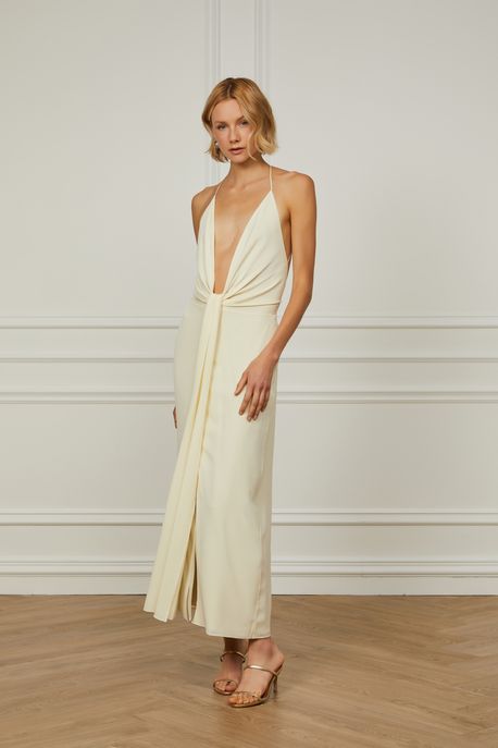 Vestido De Seda Midi Bege Com Decote Profundo Bege Manha - 44