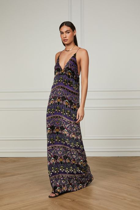 Vestido Longo Fluído Com Decote Profundo Nas Costas Roxo - 42
