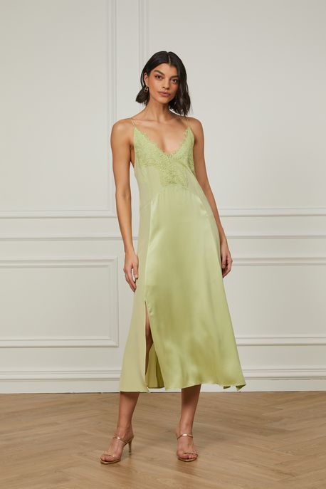 Vestido De Seda Midi Verde Com Aplicação De Renda Verde Pear - 42