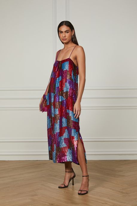 Vestido De Paetê Midi Colorido De Alça Colorido - 38