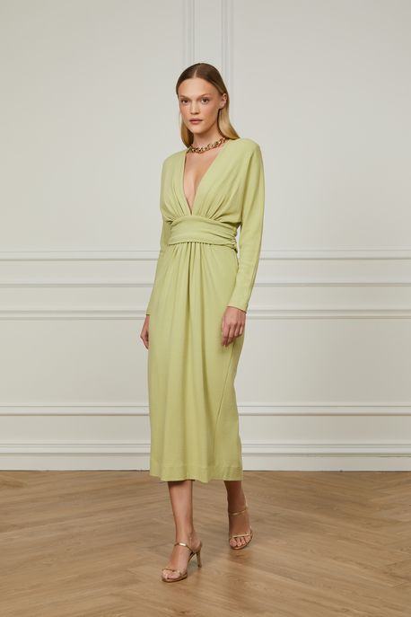 Vestido Midi Manga Longa Com Decote v Verde Pear - PP