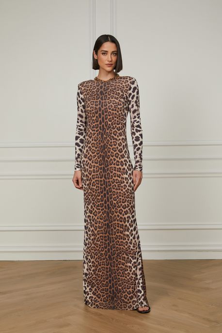 Vestido De Jersey Manga Longa Com Costas Decote v Estampado Est Leopard Dorso Color - M
