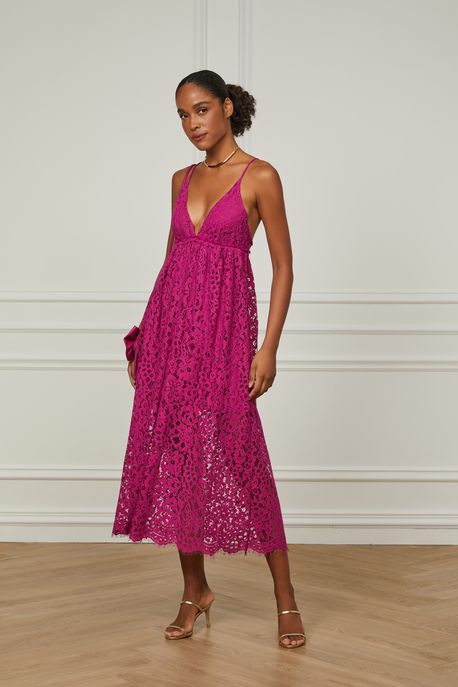 Vestido De Renda Midi Decote v Com Alça Fúcsia Fucsia Festival - 38