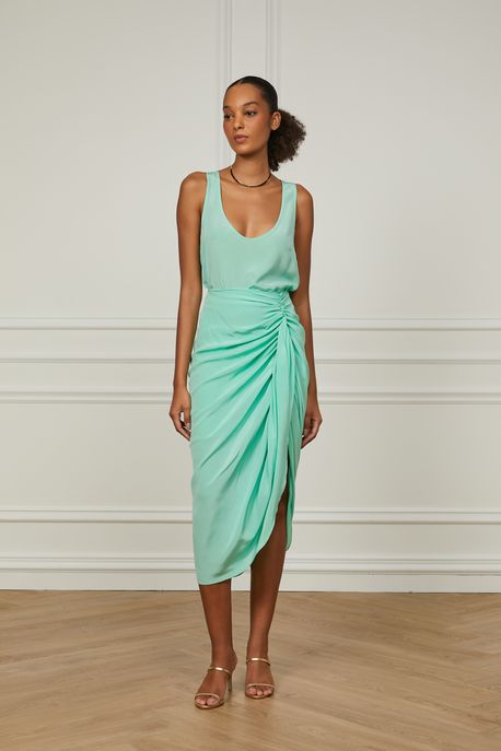 Saia De Seda Midi Com Fenda e Drapeado Verde Netuno - 40