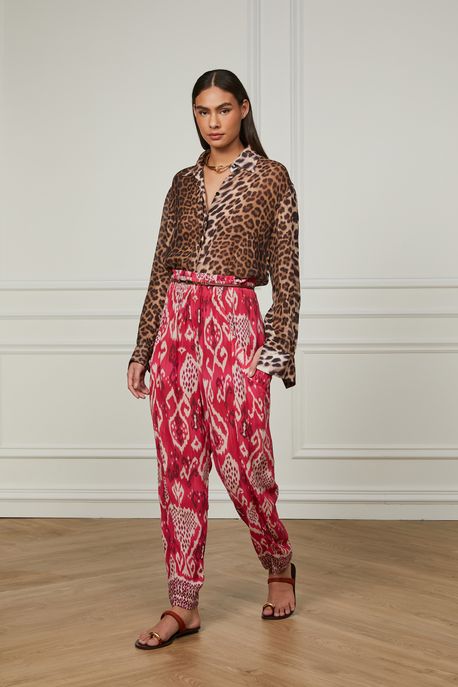 Calça De Georgette Pesado Cós De Elástico Estampada Bolso Deslocado Est Bar Ikat Limar Color p - 38