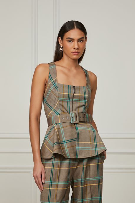 Blusa Peplum Xadrez Com Decote Quadrado e Cinto Verde Netuno - 40