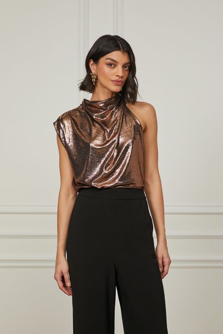 Blusa De Malha Metalizada Com Gola Lenço Bronze - PP